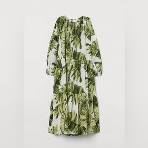 H&M green and white botanical palm print balloon sleeve maxi dress